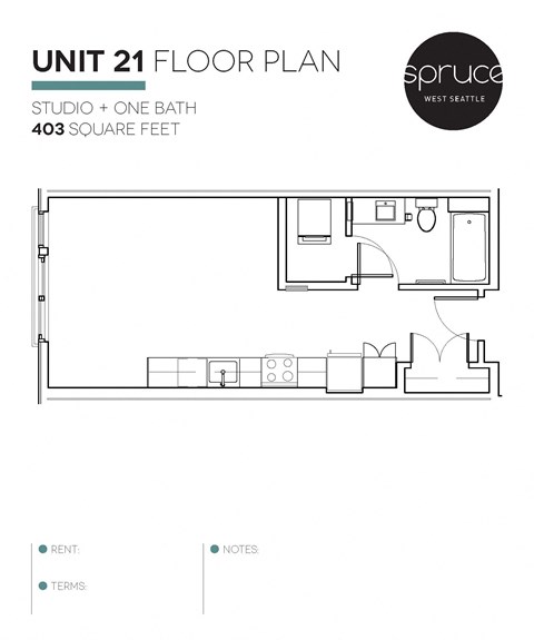 Floor plan for studio, 1 bath, 403 sqft